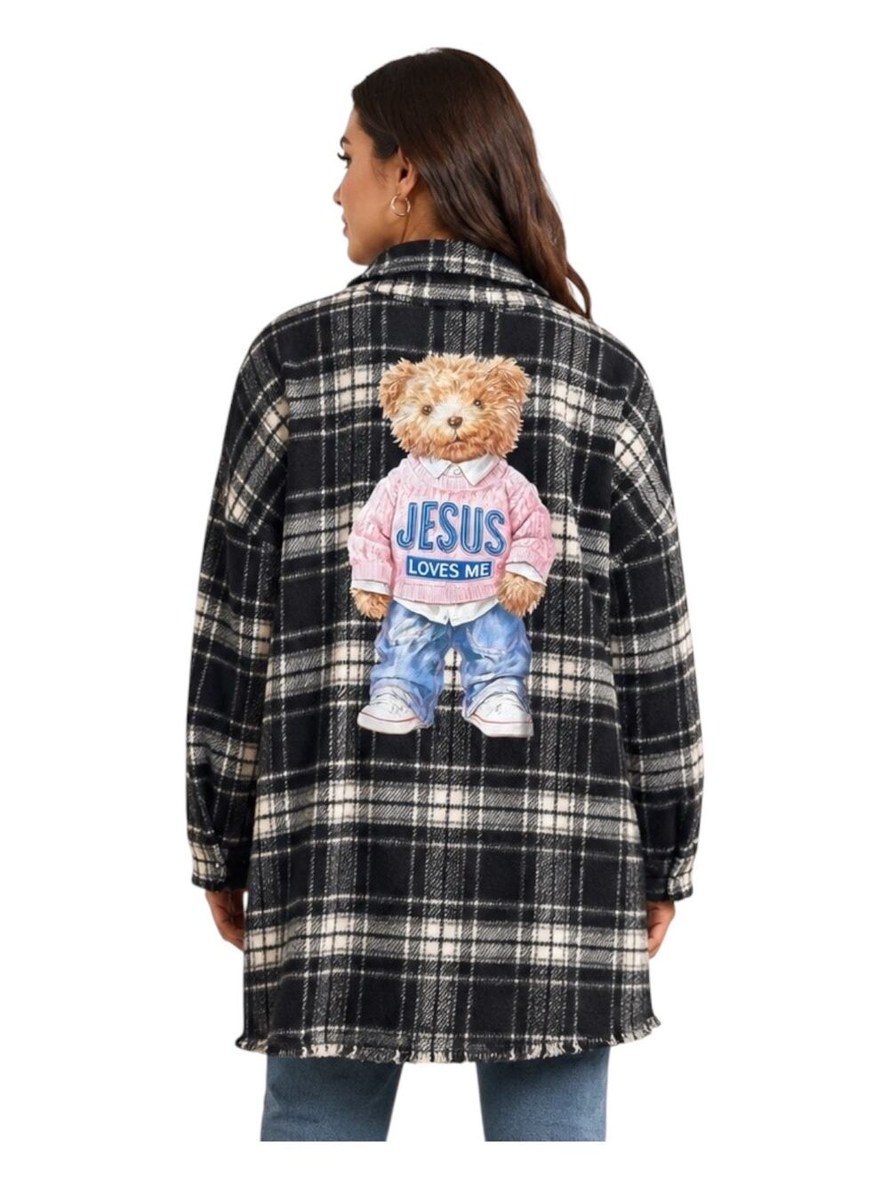 Fashion Nova Black White Plaid Teddy Bear Jacket Coat Size L Jesus Loves Me